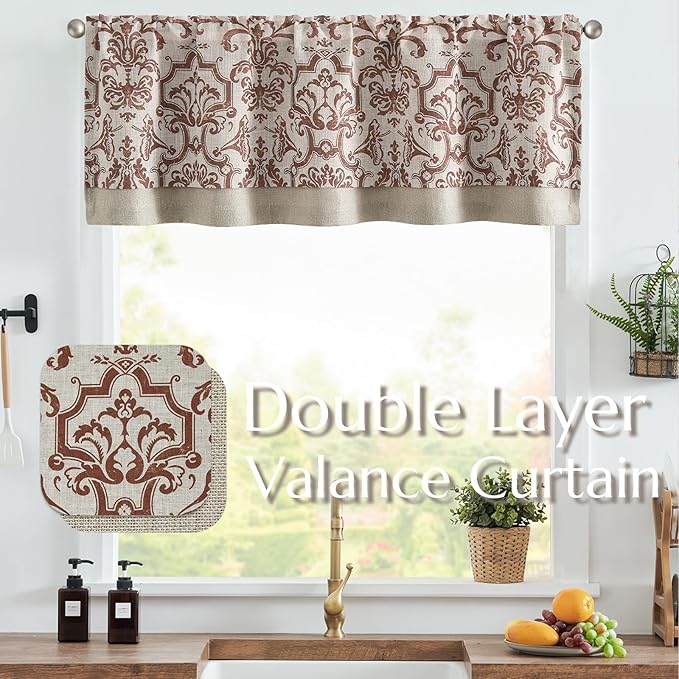 jinchan Linen Valance Curtain for Kitchen Vintage Damask Floral Blackout - Image 2