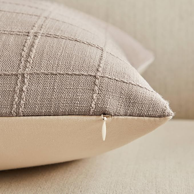 ZeeMart Linen Checked Throw Pillow Covers Set of 2, 22x22 Inch Taupe/Cream - Image 3