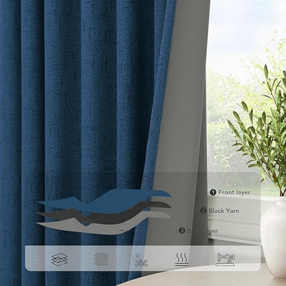 Navy Blue Black Out Curtains 63 Inch Long 2 Panel Burg Linen Textured Thermal - Image 5