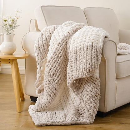 Battilo Beige Cream Chunky Knit Throw Blanket, Soft and Thick Chenille Throw - Image 2
