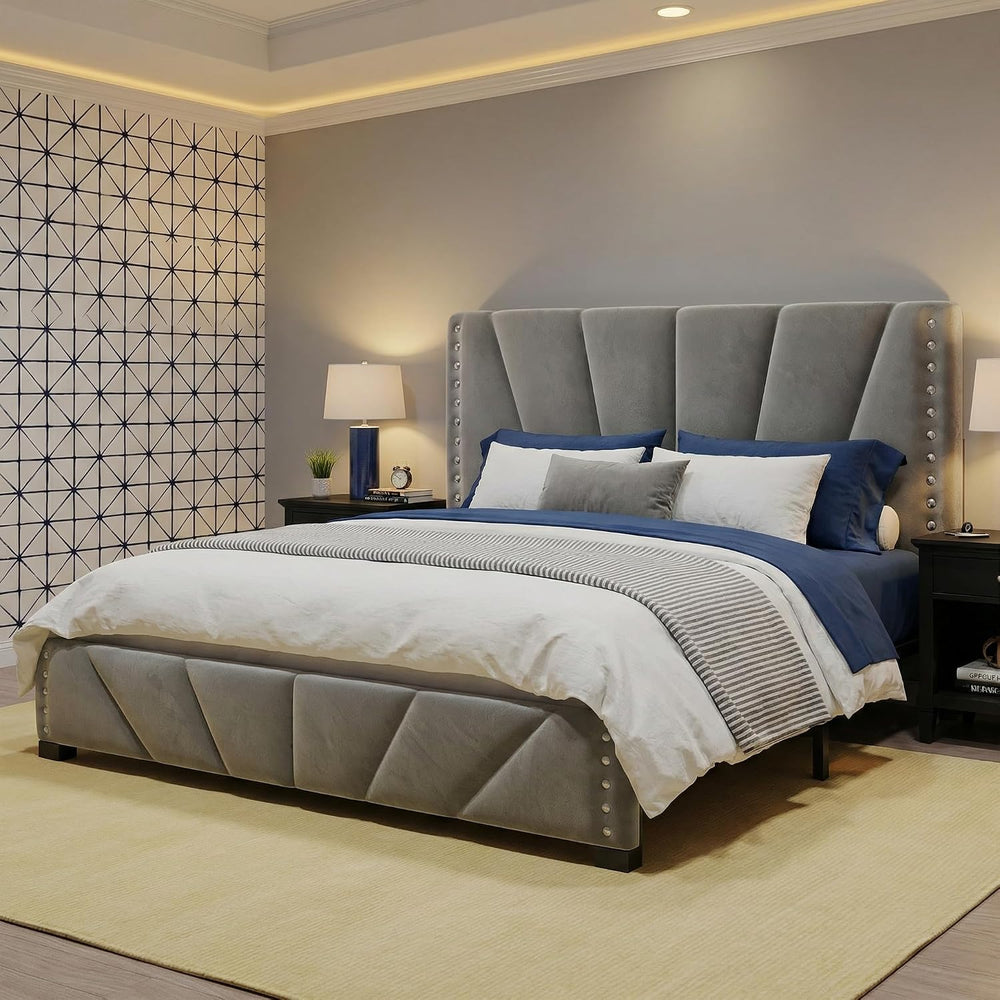 EnHomee Queen Bed Frame with LED Lights and Charging Station, Grey