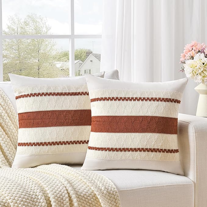 Fancy Homi Set of 2 Rust Boho Decorative Throw Pillow Covers 18x18 Inch by Fancy+Homi