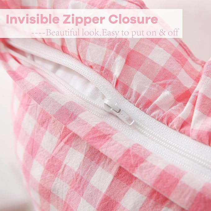 2 Pack Coral Pink Plaid Ruffle Gingham Throw Lumbar Pillow Shams, 100% Washed - Image 4