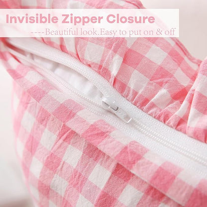 2 Pack Coral Pink Plaid Ruffle Gingham Throw Lumbar Pillow Shams, 100% Washed - Image 4