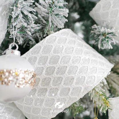 HUIHUANG White Christmas Ribbon 4 inch White Glitter Diamond Mesh Wired Ribbon - Image 5