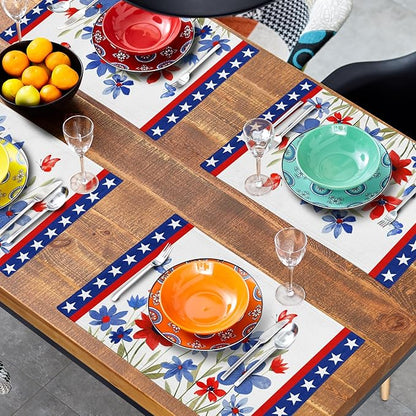 Giwawa 4th of July Placemats Set of 4 Watercolor Patriotic Flowers Stars Table - Image 7