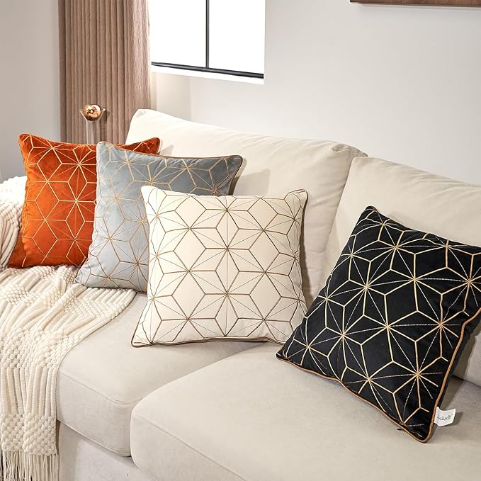 Aeckself White Gold Plaid Geometric Throw Pillow Cover 18x18 Inch, Soft Velvet - Image 5