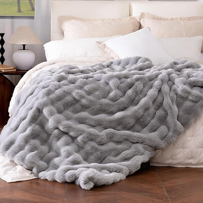 Ultra Soft Cozy Faux Fur Throw Blanket, Fuzzy Plush Thick Bubble Blanket by blunique