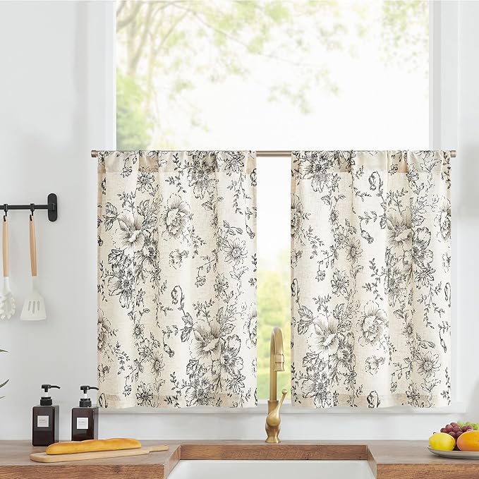 jinchan Linen Kitchen French Floral Tier Curtains 30 Inch Farmhouse Vintage by JINCHAN