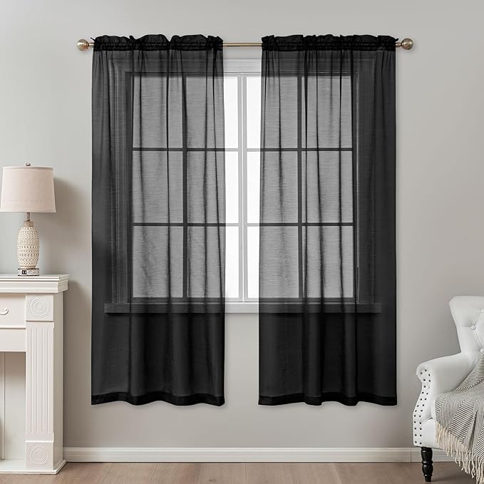 Black Sheer Curtains 72 Inches Long, Privacy Semi Sheer Curtains - Image 2