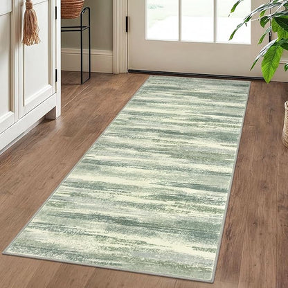 Modern Abstract Runner Rug 2x5, Sage Green Grey Washable Kitchen Runner - Image 2