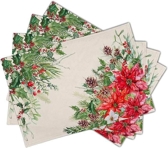 Giwawa Poinsettia Placemats Set of 4, 12x18 Inch Watercolor Christmas Red - Image 2