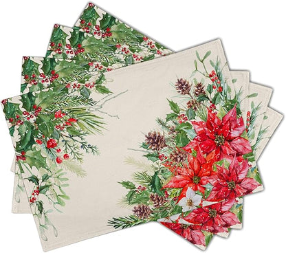 Giwawa Poinsettia Placemats Set of 4, 12x18 Inch Watercolor Christmas Red - Image 2