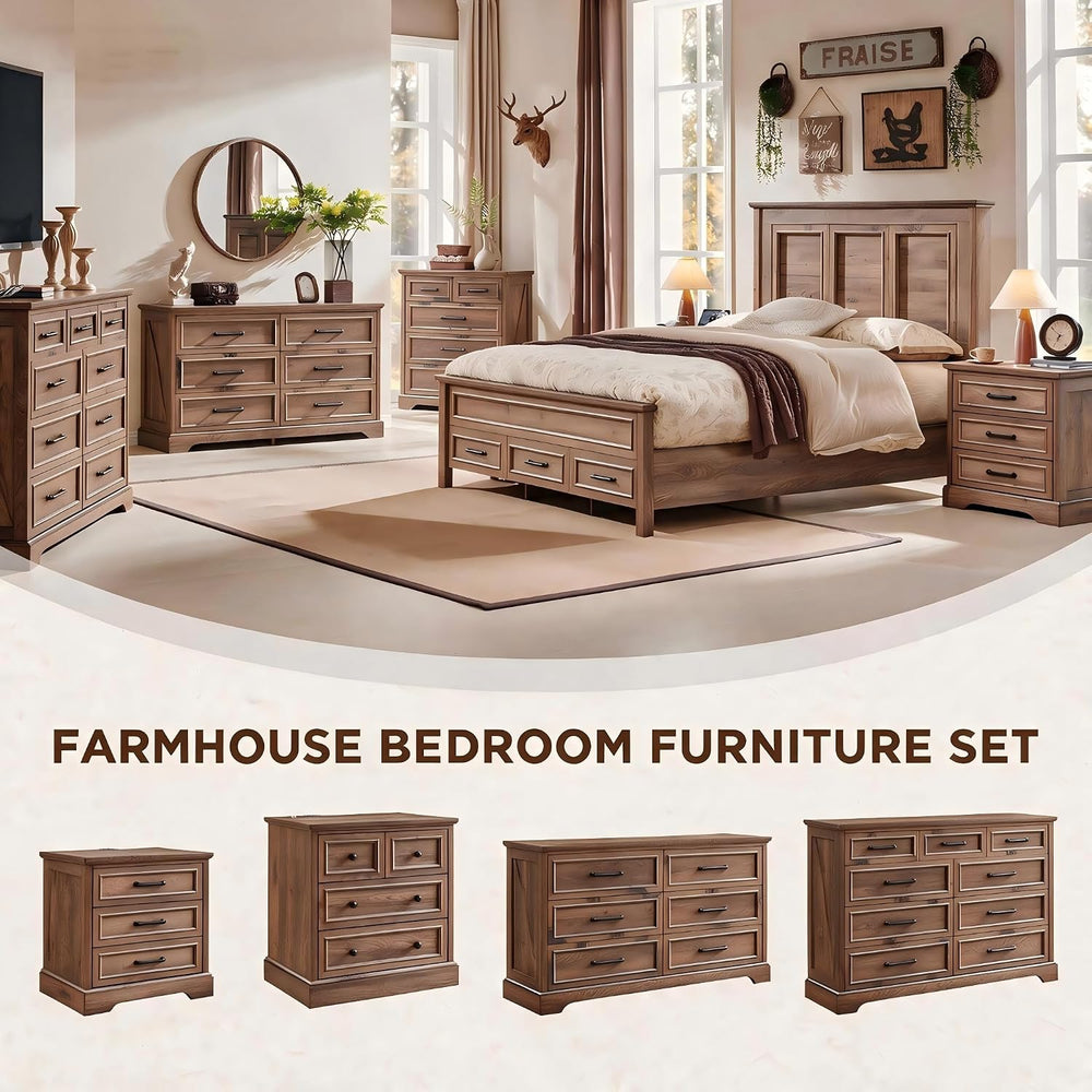 ACCOHOHO Farmhouse Queen Size Bed Frame with 53" Tall Headboard Light Brown