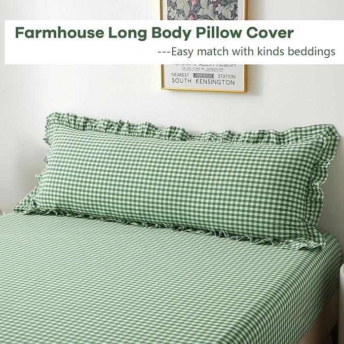 Christmas Green White Plaid Ruffle Gingham Bedding Body Pillow Cover, 100% - Image 3