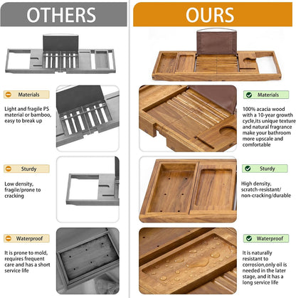 bathtub tray caddy, expandable acacia wood bath tray, side view