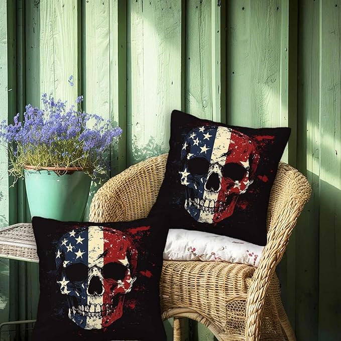 Patriotic Skull Throw Pillow Covers 18x18 Set of 2 | Decorative Cushion Cases - Image 4