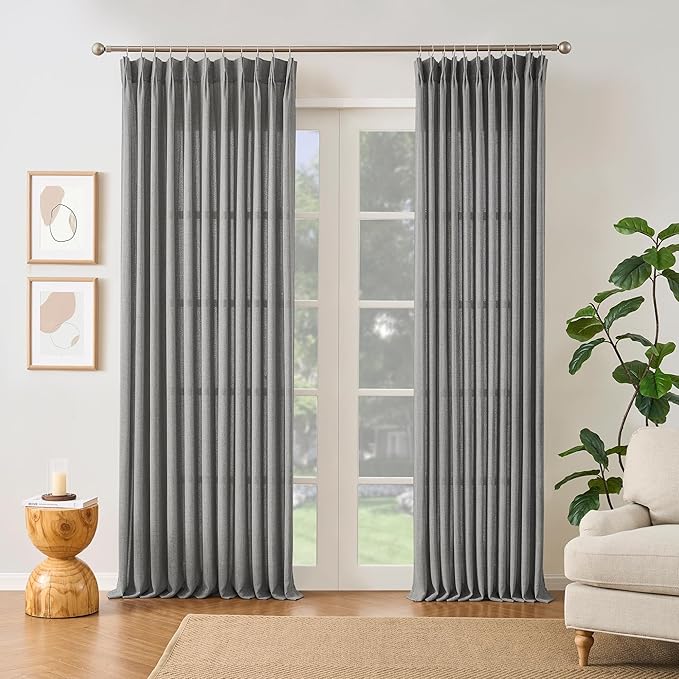 Grey Pinch Pleated Curtains 90 Inches Long 2 Panels, Soft Linen Textured Window by RAIN+CITY