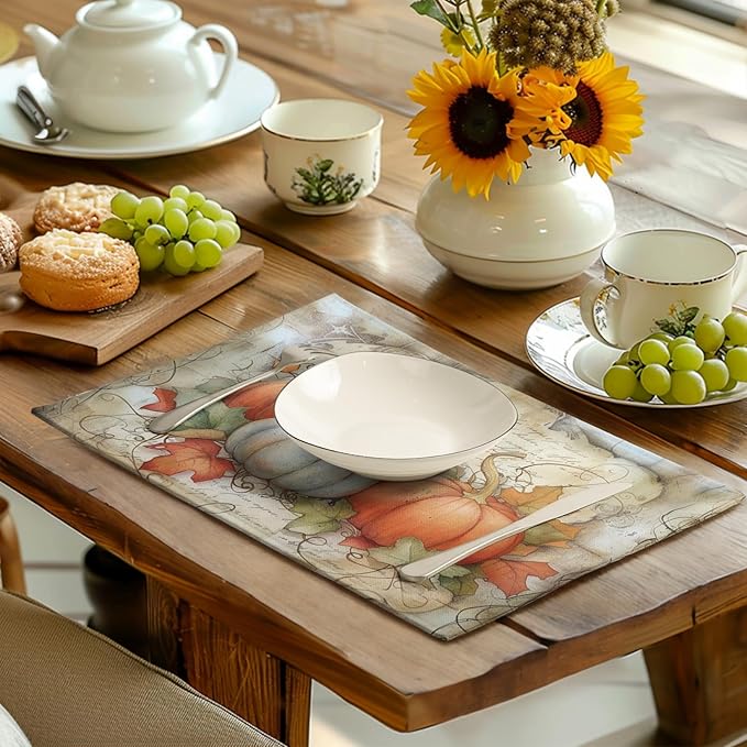 Fall Pumpkin Maple Leaf Placemats Set of 4, 12x18 Inch Vintage Autumn Harvest - Image 6