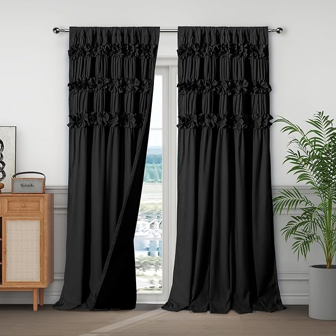 Black Blackout Curtains with Handmade Ruffles, Butterfly Flower Embellishments by Homechoice+Decor