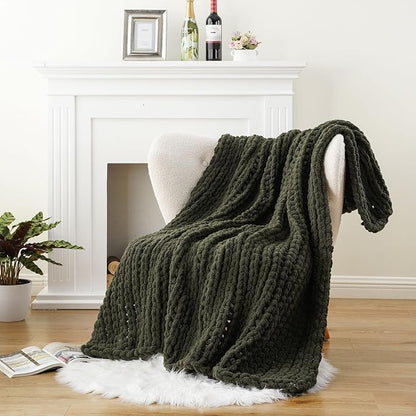 Battilo Olive Green Chunky Knit Throw Blanket, Soft and Thick Green Chenille - Image 5