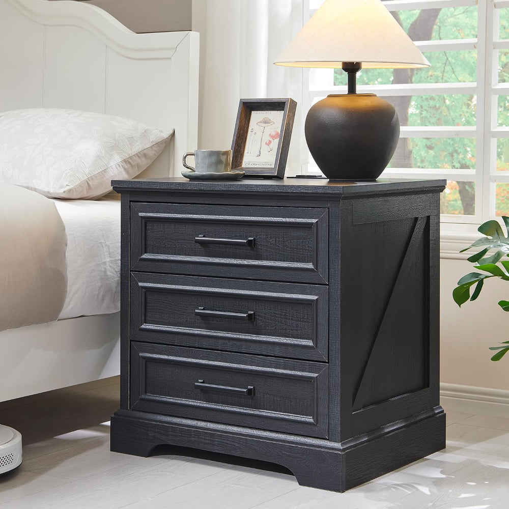 ACCOHOHO 22" Farmhouse Nightstand with Charging Station, Black