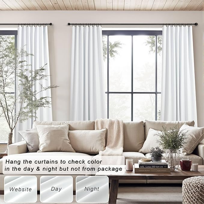 White Blackout Curtains 84 Inch Long 2 Panels Cotton Linen Thick Total Black - Image 2