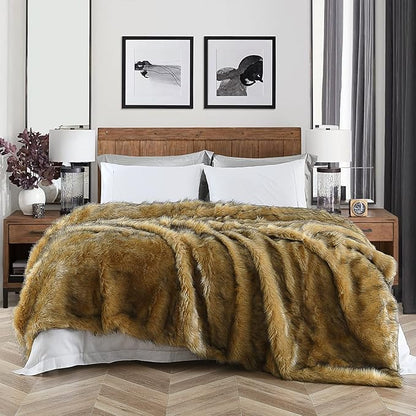 Luxury Plush Faux Fur Blanket King Size, Long Pile Golden Yellow - Image 2