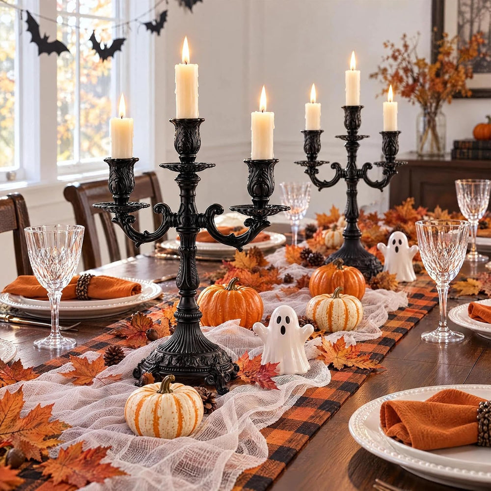 3-Arm Metal Candelabra, Black Halloween Centerpiece Taper Holder