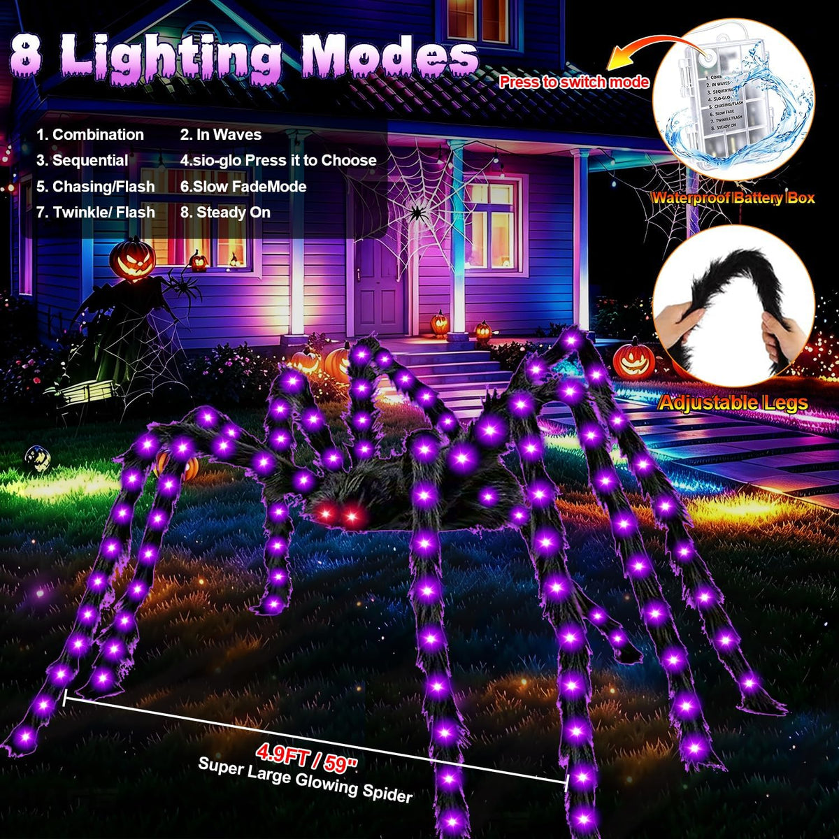 Halloween Decorations Outdoor, 250 LED Halloween Giant Spider Web Lights, 200" Lighted Spiderweb Light up with 8 Modes for Yard Haunted House Decor, Remote Control Lighted Spider Dark Purple