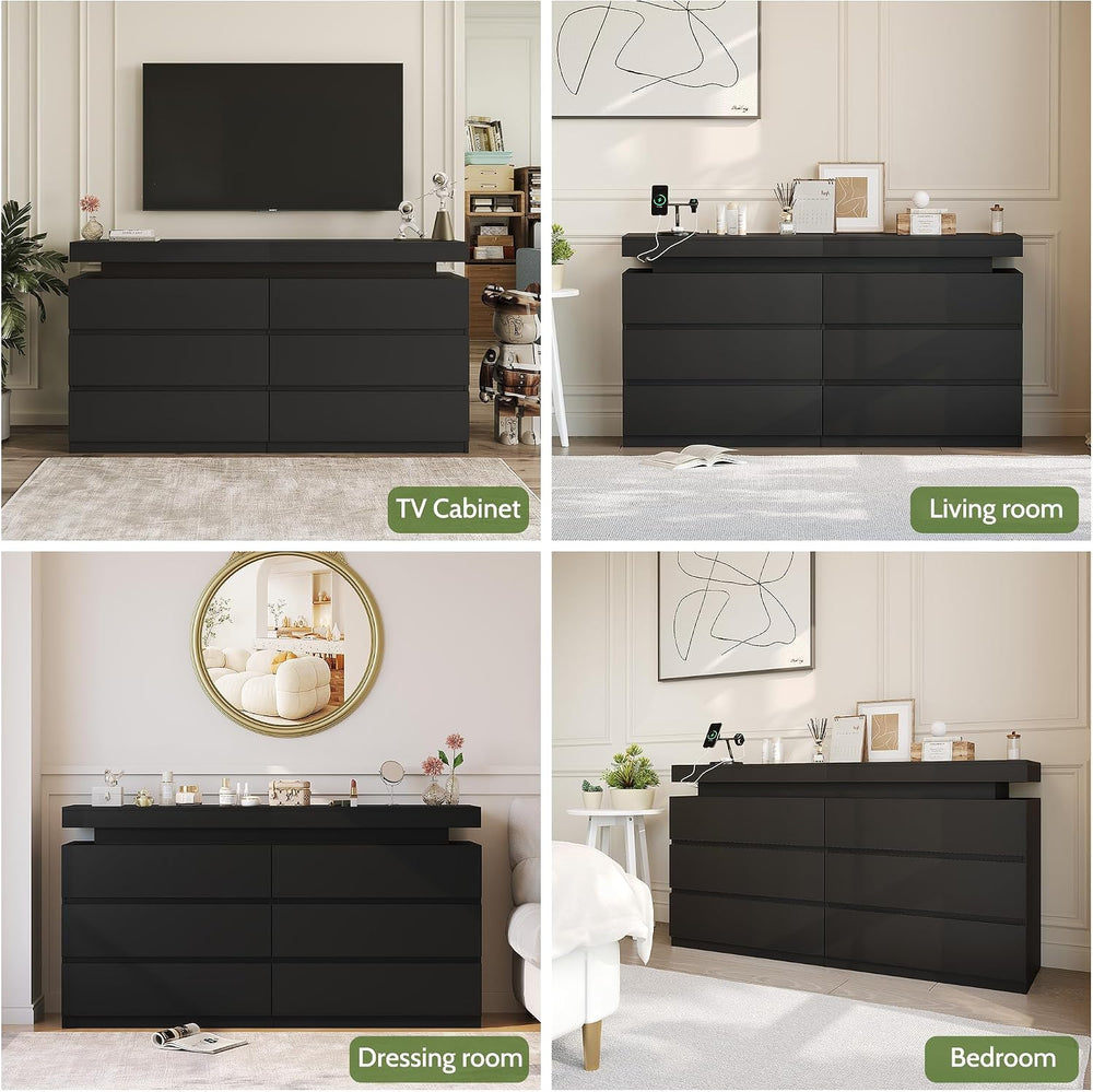 6 Drawer Dresser for Bedroom Black Dresser with Hidden Sliding Desktop