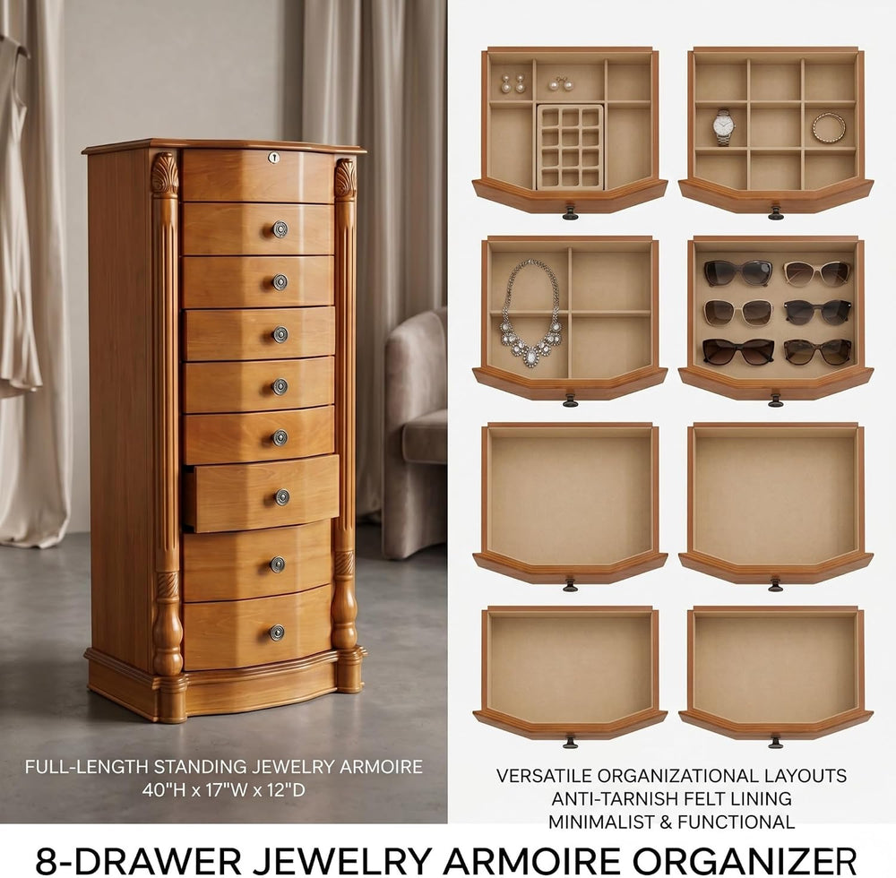 Hives & Honey Henry Standing Locking Jewelry Armoire with Mirror, 8-Drawe...