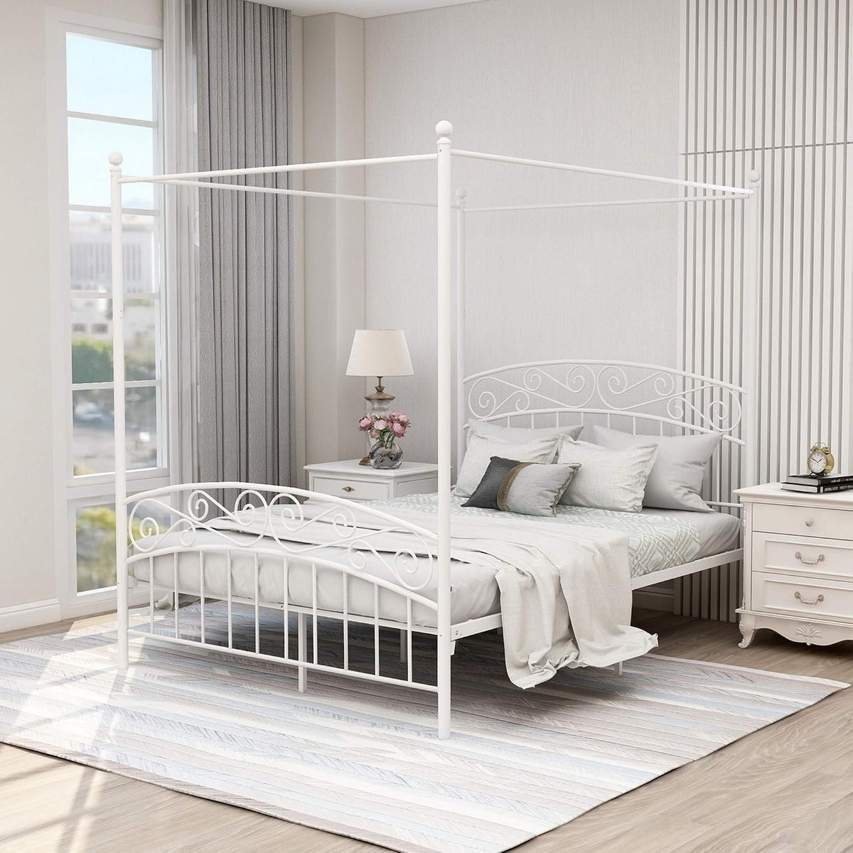 queen size canopy bed frame four-poster metal bed, main product view