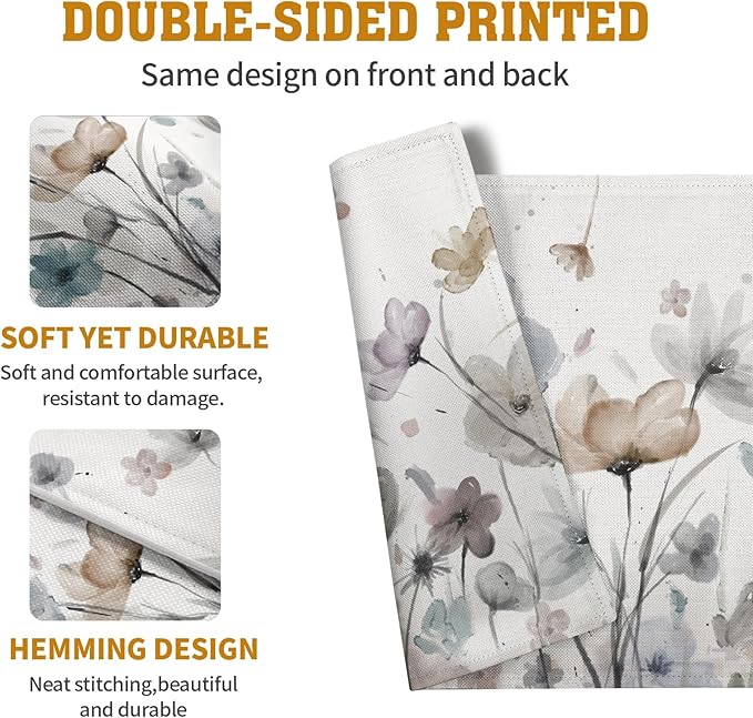 Flower Placemats Set of 4 Brown Cream Grey Poppy Flowers Table Mats Watercolor - Image 5