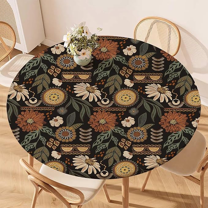 Boho Floral Fitted Round Tablecloth by Unknown