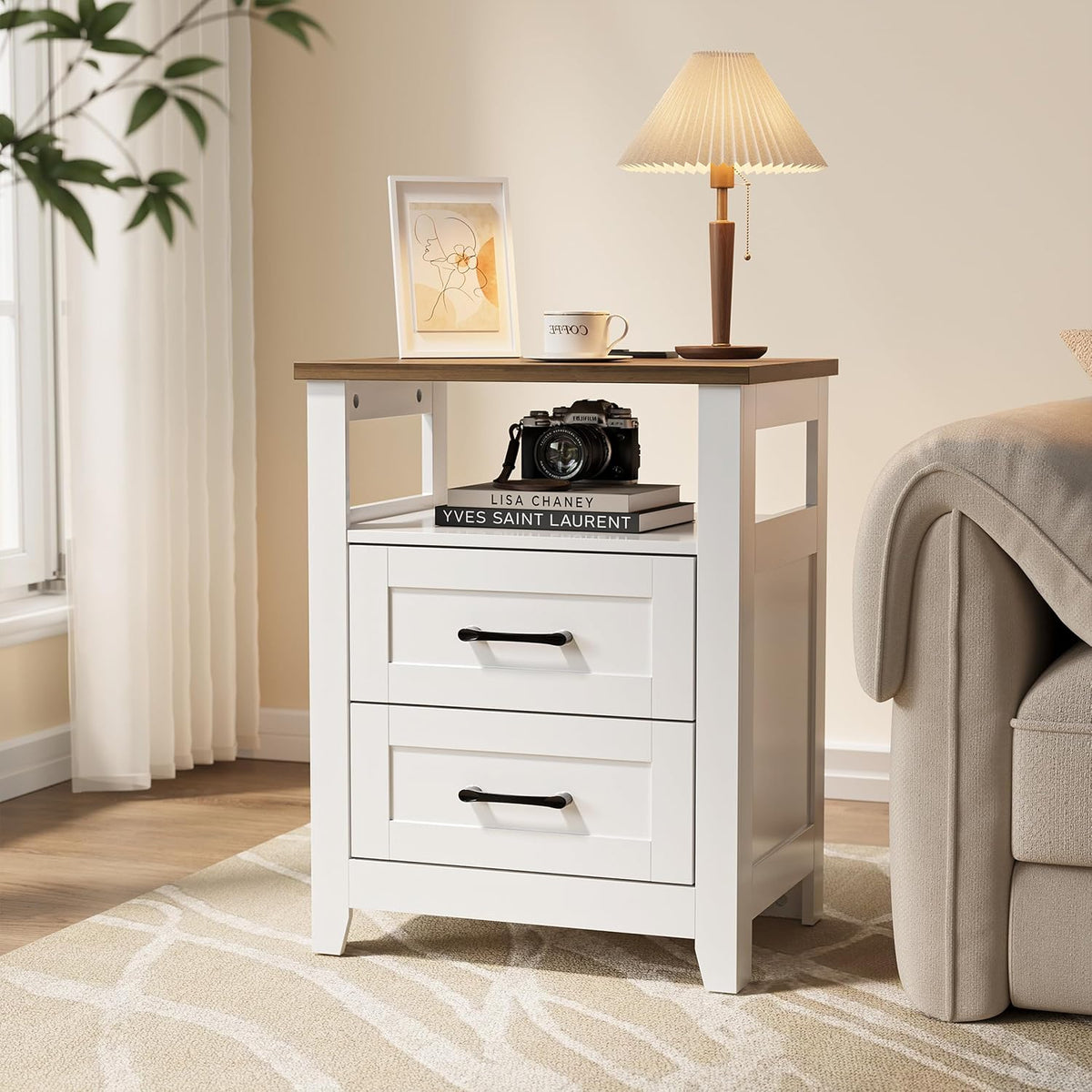 decofy farmhouse 2-drawer nightstand with charging station, white, main product view