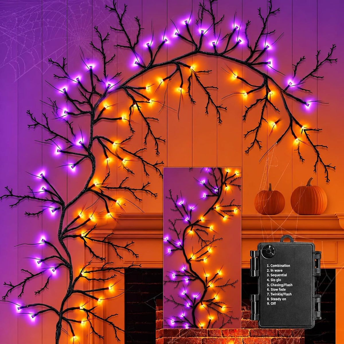[8 Modes & Timer] 9 Ft 72 LED Halloween Willow Vine Twig Garland with Orange Purple Lights Battery Operated Indoor/Outdoor Wall Fireplace Mantle Halloween Decorations