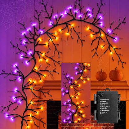 [8 Modes & Timer] 9 Ft 72 LED Halloween Willow Vine Twig Garland with Orange Purple Lights Battery Operated Indoor/Outdoor Wall Fireplace Mantle Halloween Decorations