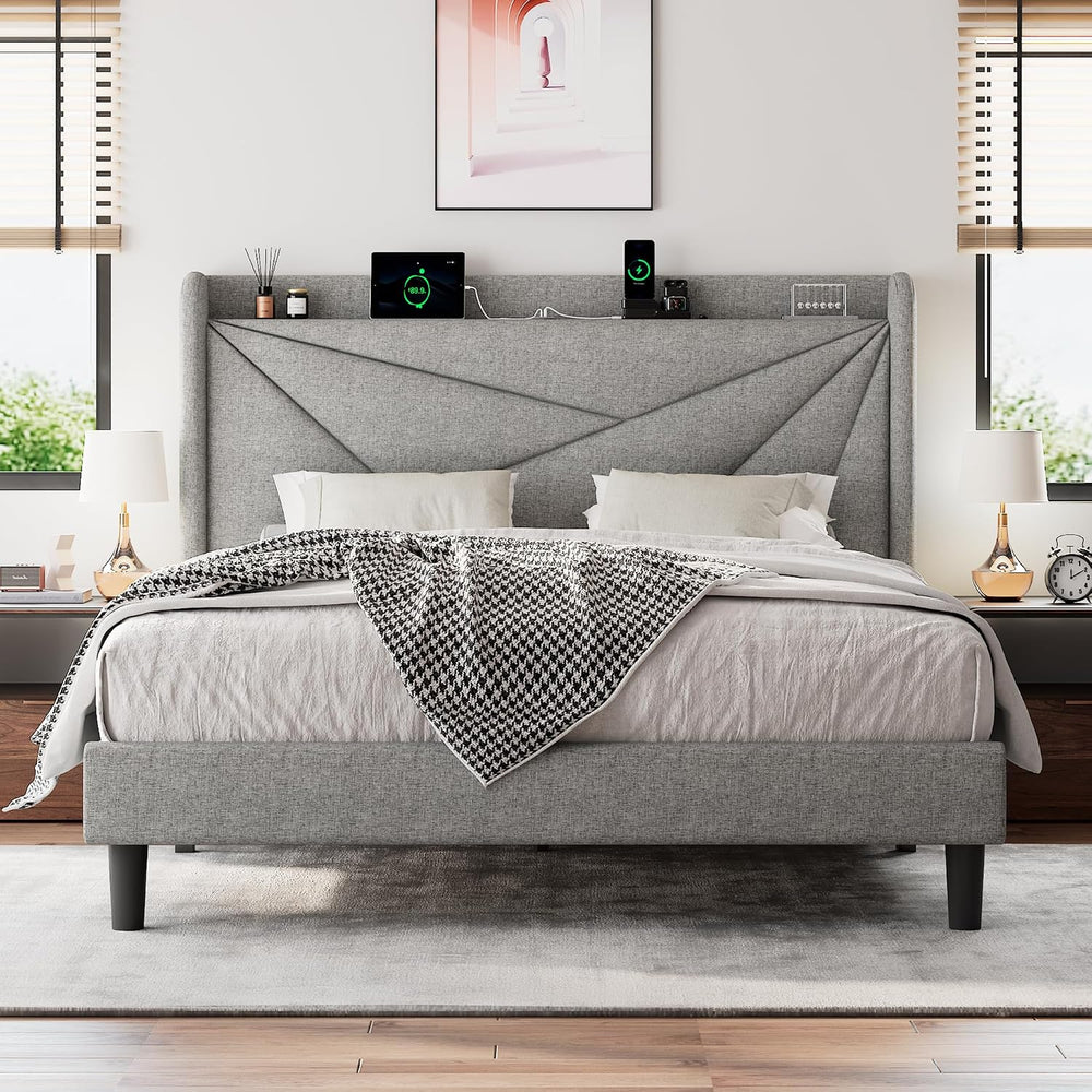 Queen Bed Frame with Headboard, Upholstered Platform Bed Frame with Charging ...