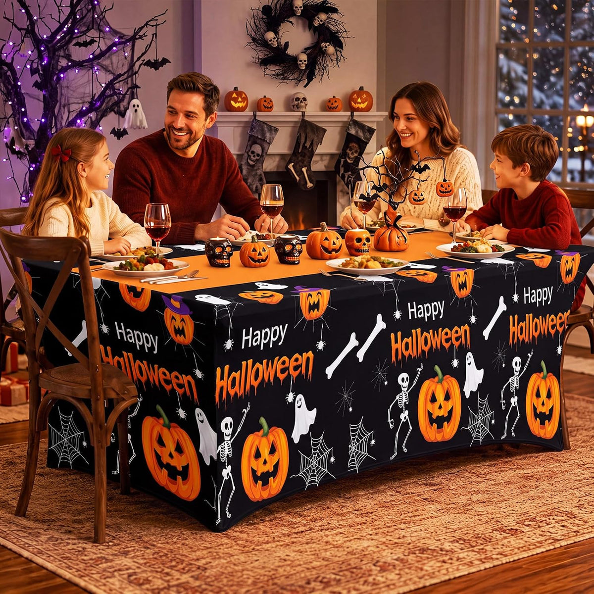 Moukeren 2 Pack Halloween Pumpkin Ghost Spandex Tablecloth 6ft Stretch Table Cloths Fitted Rectangular Table Cover Washable Spooky Skeleton Spider Web Cloth for Halloween Party Supplies Birthday Decor