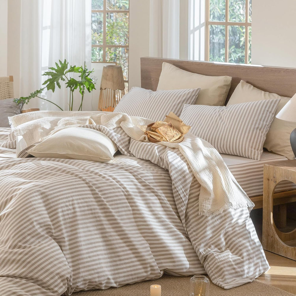 MooMee Striped Duvet Cover Set 100% Washed Cotton Linen Like King