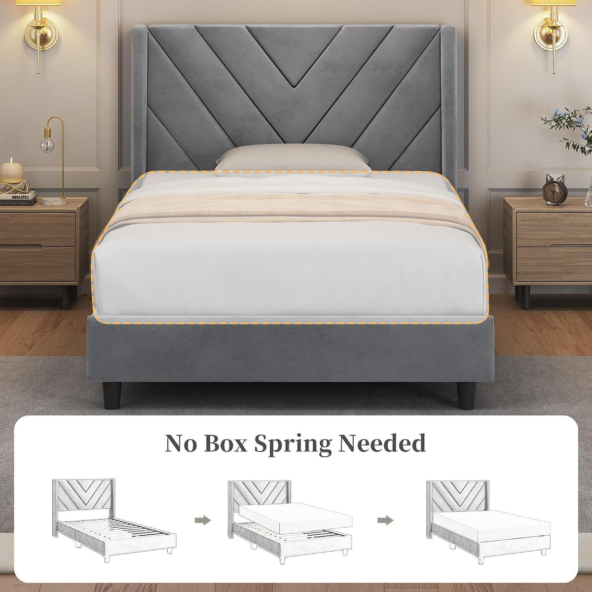 yaheetech twin bed frame with chevron channel-tufted headboard on a desk or shelf