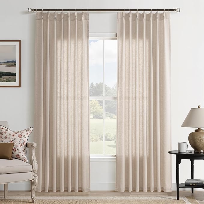 Tan Pinch Pleated Linen Curtains 84 Inch Length 2 Panels by Aersas