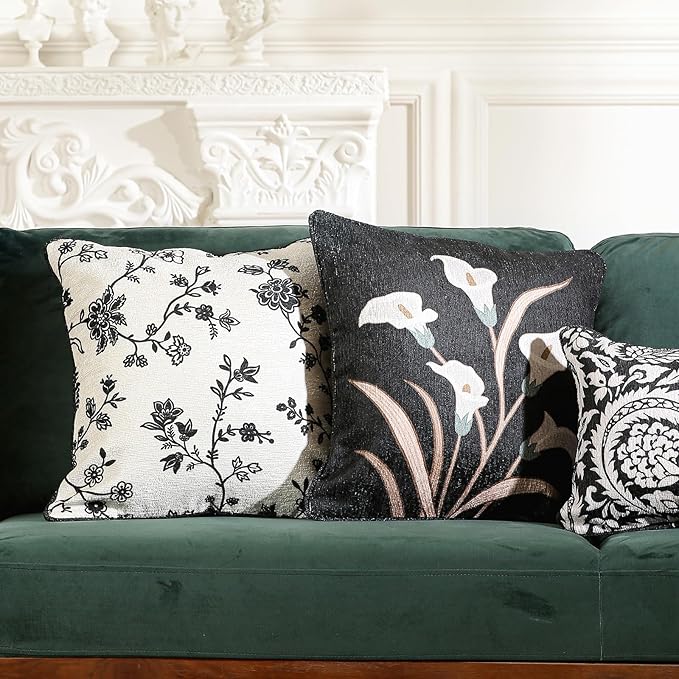 Black Throw Pillow Covers, Elegant Floral White Calla Lily Pattern Linen - Image 5