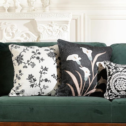 Black Throw Pillow Covers, Elegant Floral White Calla Lily Pattern Linen - Image 5
