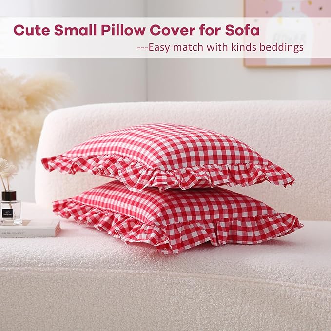 2 Pack Red Plaid Ruffle Gingham Lumbar Pillow Shams, 100% Washed Cotton Linen - Image 3