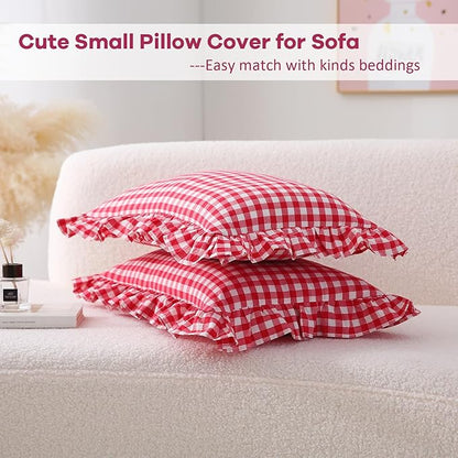 2 Pack Red Plaid Ruffle Gingham Lumbar Pillow Shams, 100% Washed Cotton Linen - Image 3