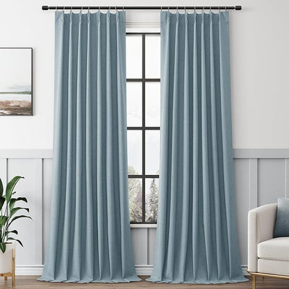Blue 100% Blackout Pinch Pleated Linen Curtains 108 Inches Long by Aersas