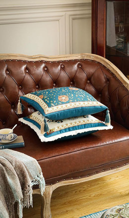 patdrea Designer Square Throw Pillow Covers, French Floral Blue Farmhouse Linen - Image 6