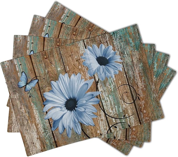 Giwawa Rustic Daisy Placemats Set of 4- Blue Sunflowers on Vintage Wood Board - Image 2